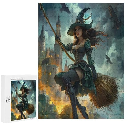 Witch Flying with A Broomstick Jigsaw Puzzles 500 PCS Puzzle for Adults Wooden Art Puzzles for Men Women Gifts