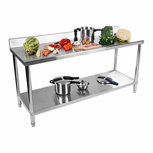 Royal Catering RCAT-200/60-N Tavolo da Lavoro Piano di Lavoro per Cucina con Alzatina (200 x 60 x 85 cm, Carico max. 160kg, Piedini regolabili, Acciaio inox)