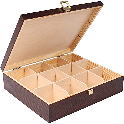 Creative Deco Große Braun Teebox Holz aus Natürliches Kiefernholz | 29 x 25 x 7,5 cm | Teekiste mit 12 Fächer und Deckel | Tee-Organizer | Perfekte für Decoupage, Dekoration Lagerung der Teebeutel