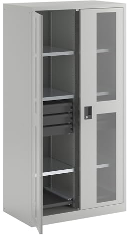 Lista | Sichtfensterschrank | HxBxT 1950 x 1000 x 580 mm | mit 8 Fachböden | 6 Schubladen | lichtgrau