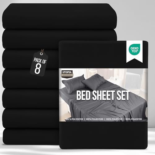 Utopia Bedding Bed Sheets Set Bulk Pack of 8 (Double, Black) – Fitted Sheet, Flat Sheet with Pillow cases 50x75 – Wrinkle, Shrinkage & Fade Resistant – Soft Brushed Polyester Microfiber Fabric