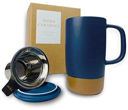 Mora Ceramics Large Tea Mug with Loose Leaf Infuser and Ceramic Lid, 18 oz, Portable, Microwave and Dishwasher Safe, Tall Coffee Cup - Rustic Matte Ceramic Glaze, Modern Herbal Tea Strainer, Deep Blue