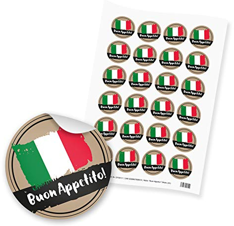 itenga 24x Sticker Aufkleber Buon Appetito! aus Papier I Scrapbooking, italienisch, Guten Appetit I DIN A4 Bogen I je 4.0 cm I rund, selbstklebend I ideal zum Basteln von Gastgeschenken