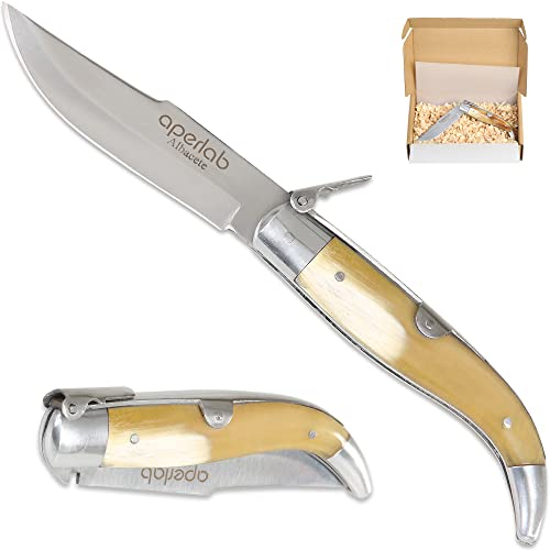 Aperlab, Coltello Albacete, fatto a mano realizzato a mano, lama in acciaio inox e cassette in corno di toro autentico, pieghevole e sicuro in modo che non si chiuda da solo. (lama da 8,5 cm)