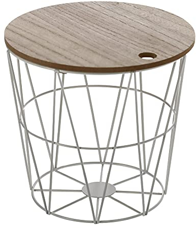 Spetebo Holz Blumenhocker mit Metall Aufbewahrungskorb - Farbe: weiß - Pflanzenhocker Blumentisch Deko Hocker Holzhocker klein