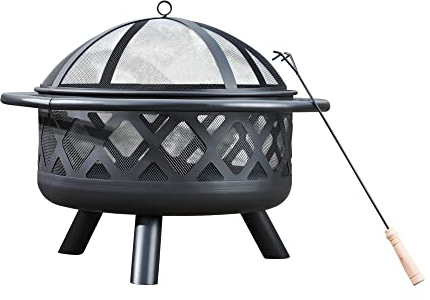 Teamson Home Grande Braciere da Giardino Rotondo da 76 cm a Legna, Camino e Stufa A Legna, Mobili da Esterno, Etufa per Braciere, in Metallo con Coperchio e Attizzatoio