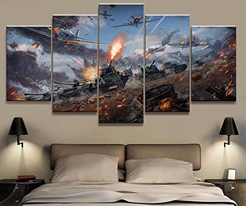 MPPSU Militär-Krieg-World-Of-Tank Wanddekoration Wohnzimmer Leinwandbild Jugendzimmer Poster Set Modern 5 Teiliges Wandbild Bedroom Decor XXL Bilder Mit Rahmen 100 * 50cm