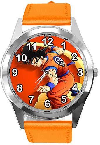 TAPORT Runde Armbanduhr aus Leder für Anime Fighters Fans, Orange, Riemen