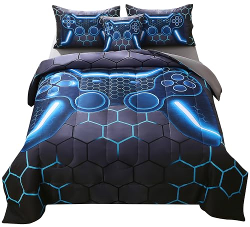 JQinHome Gamer-Bettwäsche-Set, 6-teiliges Bett in einer Tasche, 3D-Videospiel-Bettwäsche, für alle Jahreszeiten, Daunen, Alternative für Gamer, Blau