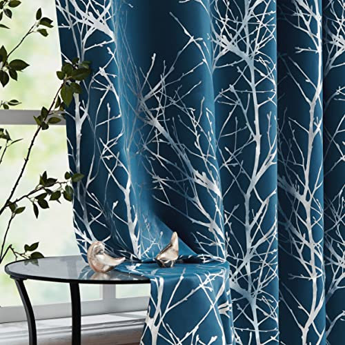 FMFUNCTEX Blau Silber Blickdichte Vorhänge Metallic Zweig Muster Verdunkelungsvorhänge mit Ösen Thermovorhang Hitzeschutz Gardinen für Wohnzimmer Schlafzimmer 2er Set, 225 x 132 cm (H x B)