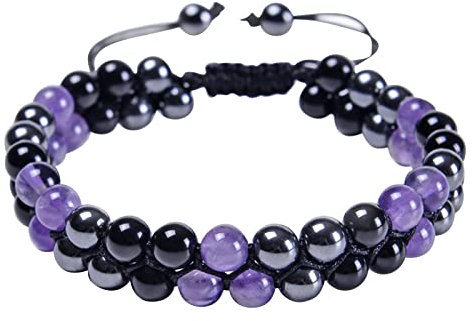 Yowablo Natürliches Amethyst-Doppelarmband, verstellbares schwarzes Magnet-Perlenarmband, Armbänder für Männer und Frauen. Armbänder Uhren Fitness