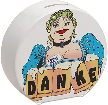 Bierzeltbedienung mit Maßkrügen Danke Spardose in weiß für Trinkgeld mit Danksagung an den Spender der eine Münze in die Bierkasse wirft um Trinkgeld für Barkeeper zu geben