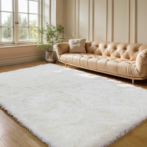 KICHOWUA Flauschiger Teppich, elfenbeinfarben, 120x152 cm, weich, flauschig, zottelig, Plüsch, für den Innenbereich, Wohnzimmer, modern, für Mädchen, Jungen, Schlafzimmer, Heimdekoration, rutschfest