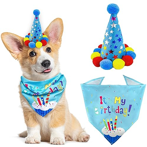 Hunde-Geburtstags-Bandana-Set, Hunde-Geburtstags-Junge-Bandana mit süßem Hunde-Geburtstagsparty-Hut, dreieckiger Hundeschal für Haustier-Geburtstagsparty-Dekorationen (blau)