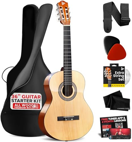 Pyle Beginner Acoustic Guitar Kit, 3/4 Junior Size All Wood Instrument with Full Accessory Kit, Picks, Shoulder Strap, Carry Case, Cleaning Cloth, Tuner App, 2 Month Lessons, 36” (Ash Gloss)