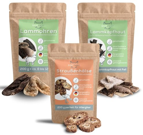 BARFAWAY Sparpaket Kauspaß Allergiker, gefriergetrocknete Kausnacks (Straußenhals, Lammohren, Lammkopfhaut), geruchsneutral, 100% natürlich ohne Zusätze, Deutsche Herstellung, 3er Pack (600 g)