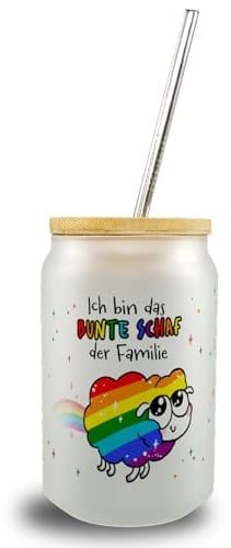 speecheese Das bunte Schaf der Familie in Pride-Farben Trinkglas mit Bambusdeckel mit Spruch ein buntes Glas für dein Lieblingsgetränk lustiges Motiv Pride Regenbogen Gay Lesbisch