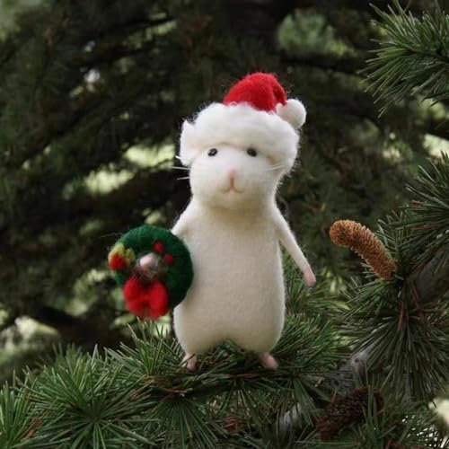 HshDUti Christmas Felt Mice Ornaments, Winter Xmas Wool White Mouse Hanging Decor, Felt Animal Crafts Woodland Cute Christmas Tree Wreath Decor for Home Party Supplies C