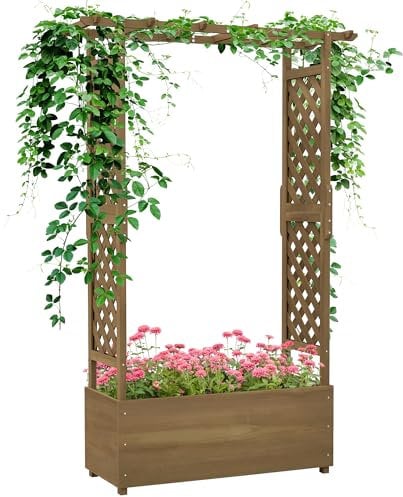 Outsunny Jardinière avec Treillis et Arche, bac à Fleurs avec Trou de Drainage, lit de Jardin pour Plante grimpante, en Bois Massif, 112 x 41 x 180 cm, Marron