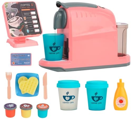 Macchina da caffè Giocattolo & Registratore Cassa per Bambini,Cucinetta Accessori Set con Tazze di caffè Che Cambiano Colore,Giocattolo per Bambini a Partire dai 3 Anni di età(Rosa)