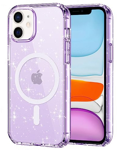 Foonary Transparent Glitter Cover Magnetic Case for iPhone 12 Pro, Compatible with MagSafe, Bumper TPU Hard PC Purple Phone Case