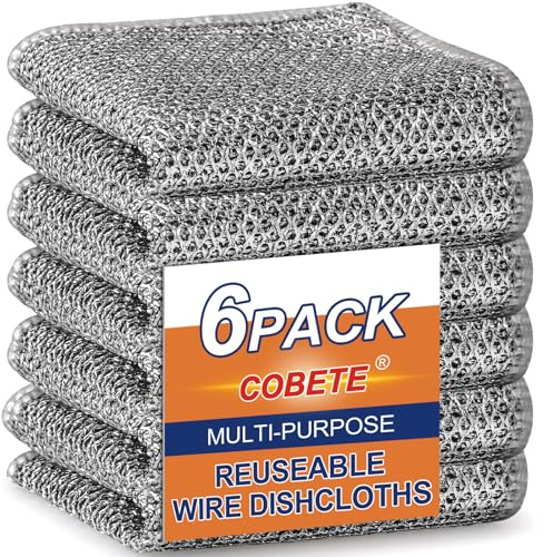 COBETE Non Scratch Wire Dishcloth,Double-Layer Wire Dishwashing Rags for Wet and Dry,Wire Miracle Cleaning Towels and Dish Cloths Multipurpose for Washing Dishes,Cookware, Sinks,Stove Tops,Pack of 6