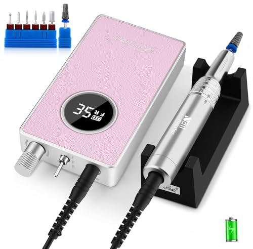 Kredioo Ponceuse à Ongles 35000 Tours avec Moteur à Cupule Creuse Professionnelle Electrique Rechargeable avec 7 Embouts de Tungstène et LED Ecran pour Retirer Vernis Semi-permanent et Gel Rose-violet