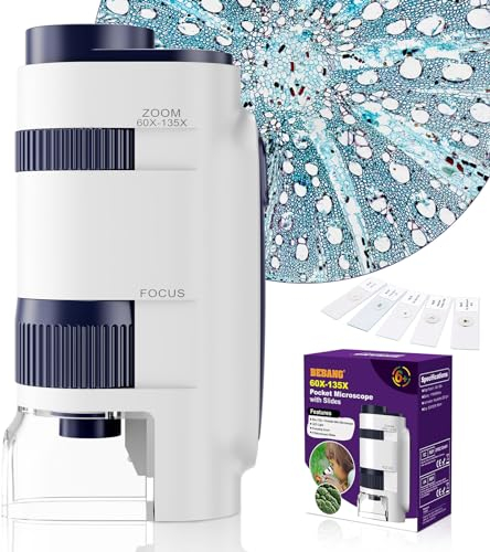 BEBANG Microscope pour Enfants, Mini Microscope 60x-135x, Microscope Portable de Laboratoire avec lumières LED Ajustables, Microscope à Main de Poche et Adultes Observation microbiologique