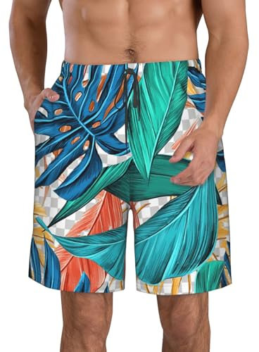 Costume da bagno da uomo con foglie di palma tropicale, ad asciugatura rapida, con fodera e coulisse elastica in vita, per il divertimento estivo, bianco, XX-Large