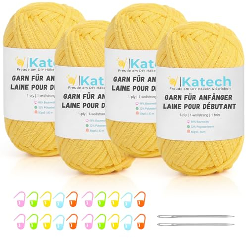 Katech Häkelgarn für Anfänger, 1-Wollstrang Kein Geteiltes Wolle zum Häkeln von Tier Untersetzer, Häkel- & Strickgarn, Dicke Wolle zum Stricken, 4 * 50g Dickes Garn Baumwolle zum Häkeln, Gelb