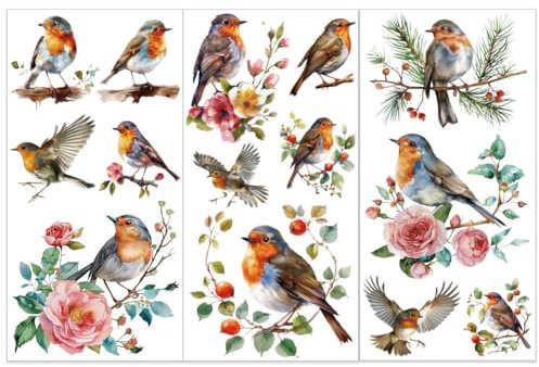 OLYCRAFT 3 Stück/Set Vogel Abziehbilder Zum Aufreiben Für Möbel Und Kunsthandwerk 15x30cm Rotkehlchen Dekor Transferaufkleber Tier Abziehbilder Zum Aufreiben