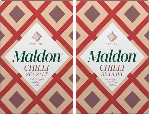 Maldon Chilli Sea Salt Flakes, Blended with Aleppo & Bird’s Eye Chillies - Take Simple Dishes to the Next Level - Fantastic Flavour - Unique Pyramid-Shaped Sea Salt Flakes - 100g Box (Pack of 2)