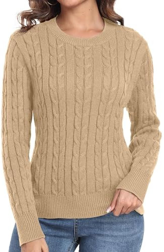 QIXING Women Jumper Cable Knit Long Sleeve Crew Neck Pullover Casual Sweater Tops for Women UK(Khaki, L)
