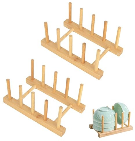 Tellerständer Holz, 2 Stück Topfdeckelhalter, Holz Geschirrabtropfgestell, Ständer Abtropfständer Geschirr Rack für Schneidebrett Topf Deckel Teller Schüssel Tassen(4 Slots)