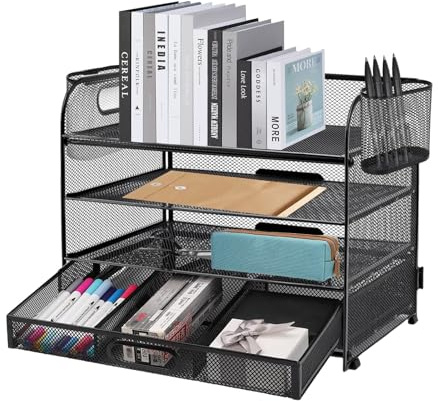 Mesh Letter Tray Organiser 4-Layer with 2 Pen Holders and 1 Drawer | Desk File Rack Paper Letter Tray Organizer for Home Office School Black