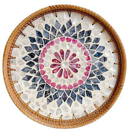 Bandeja Redonda de Ratán, Bandeja Tejida de Ratán, Bandeja de Servir moderna y Bohemia, Platos Decorativos Tejidos a Mano para Mesa de Comedor (flor de amor)