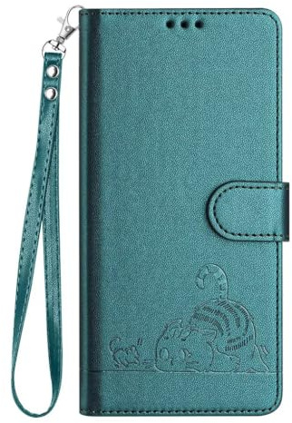 SEAHAI Cover per ZTE Blade A35e Portafoglio, Custodia con Carino Gatto in Rilievo Premium PU Pelle Antiurto Case con Kickstand/Slot per Schede/Protezione RFID, Verde scuro