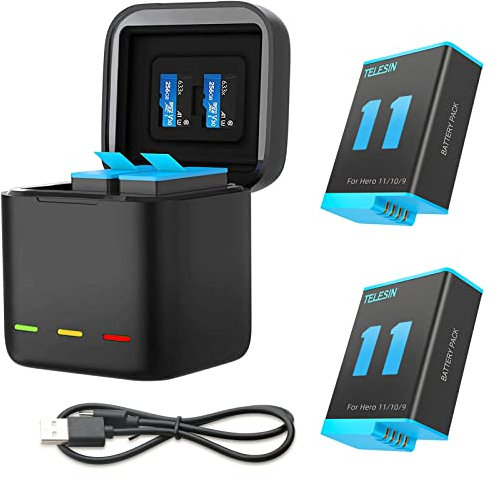 AFAITH Lot de 2 Batteries avec Chargeur, 3 canaux, boîte de Stockage de Batterie, 2 Batteries Lithium-ION Rechargeables pour Go Pro Hero 12, Hero 11, Hero 10, Hero 9, Noir (Chargeur + 2 Piles)