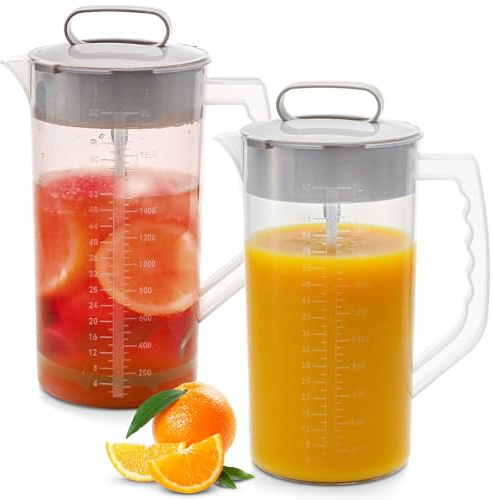 Frcctre 2 Pack Mixing Pitcher for Drinks 2 Quart/ 64oz Plastic Water Pitcher with Lid, Easy-Mix Angled Plastic Blades and Adjustable Mixer Plunger Container for Juice, Milk, Tea, Beverage Container