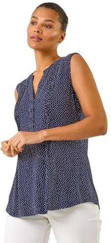 Roman Originals Pintuck Sleeveless Shirt for Women UK Ladies Vest Tank Top Summer Smart Blouse Stretchy Jersey T-Shirt Casual Spring Holiday Party Vacation Notch Neck - Navy Polka Dot - Size 10