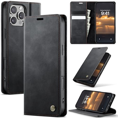 Lonjanfon Handyhülle für iPhone 16 Pro 5G Hülle,Schwarz | Premium Lederhülle,RFID Schutzhülle Retro PU Leder Flip Case Ständer Kartenfach Magnet Stoßfest Klapphüllen für iPhone 16 Pro