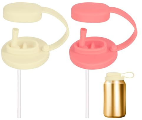 sourcing map 2 Pcs Soda Can Lids with Straw Silicone Spill-Proof & Airtight Seal Energy Drink Can Covers Reusable for Standard Size Beer Beverage Juice Seltzer, Beige/Light Pink