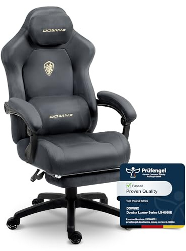 Dowinx Gaming Chair Ergonomic with Adjustable Massage Lumbar Cushion, Soft Microfiber Velvet Office Chair, Thick Padded Seat, Retractable Footrest, Adjustable Armrests, 155° Reclining Backrest, Gray