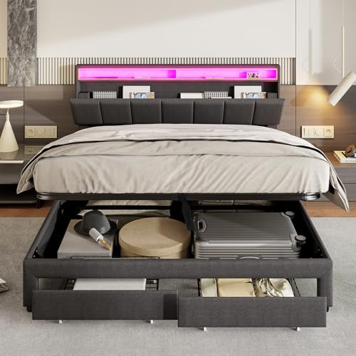 BPKADHY Polsterbett 180x200 mit LED, Hydraulische Doppelbett mit Stauraum 2 Schubladen,Verstaubares Kopfteil,Bettgestell mit Bettkasten und Lattenrost, Leinen, Grau, Ohne Matratze (Grau-A, 180x200)