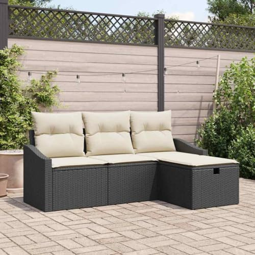 Tonture Poly-Rattan Sofa Set 4-teilig Schwarz mit Kissen, Stauraum, UV-beständig, wetterfest, für Garten, Terrasse, Balkon, Außenbereich, modulare Sitzgruppe