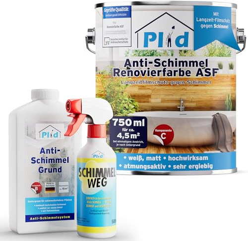 Plid Anti Schimmelfarbe Renovierfarbe Sanier-Set Weiß Matt 750 ml | Anti Schimmel Feuchtraumfarbe | Badezimmer & Küche | inkl. Schimmelspray & Grundierung | Wandfarbe | ca. 4,5 m²