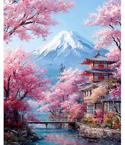 NEWENMO Paysages du Mont Fuji Peinture par Numéros Kits,Fleurs de Cerisier Peinture Numero Adulte,Paint by Numbers,DIY Peinture à l'huile,Bricolage Painting Acrylique pour Décoration Maison 40x50cm
