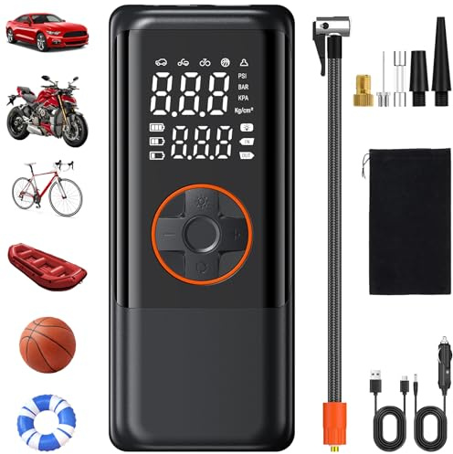 OHFAMO Portable Tyre Inflator Air Compressor 150 PSI – Dual Power Cordless & 12V Car Air Pump with 2000mAh×3 Battery, Digital LCD Display & Auto Shut-Off for Car SUV Motorcycle Bicycle