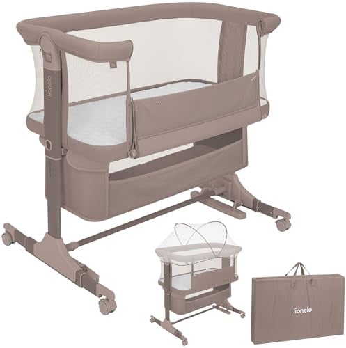 Lionelo Jodie Beistellbett 3in1, 6-Fach höhenverstellbar | Neigungsverstellung für Boxspringbett, als Wiege & Babybett, Netzseiten, Rollen mit Bremse, Matratze, Gurte, Transporttasche