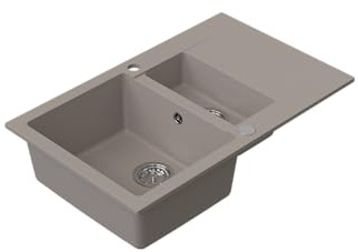 HOMEVELLO Spülbecken DIGNUM 1,5 Becken Granitspüle 79x49x20cm Beige, Hochwertige Küchenspüle mit Siphon, Abtropffläche, Pflegeleicht, Kratzfest, Moderne Design, Perfekt für jede Küche